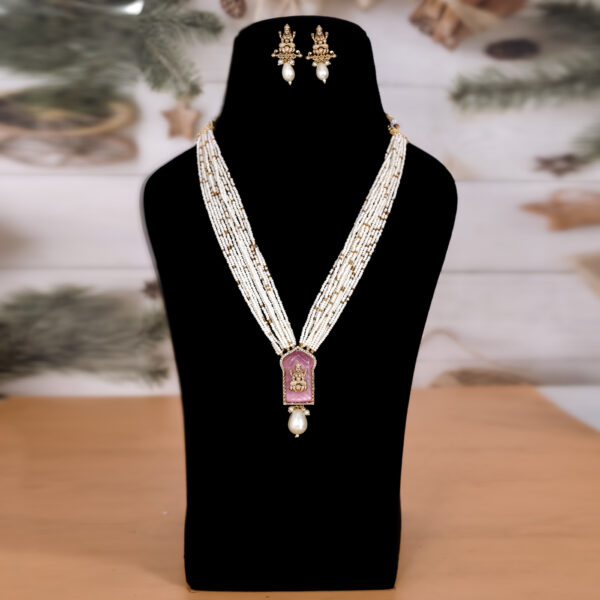 Laxmi Pendant With Earring Faux Pearl Long Necklace Set
