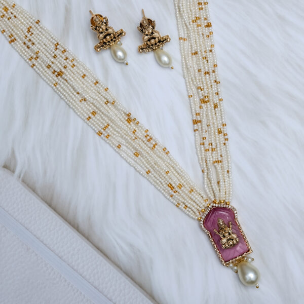 Laxmi Pendant With Earring Faux Pearl Long Necklace Set - Image 3
