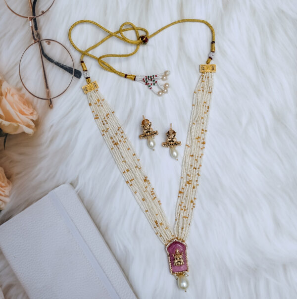 Laxmi Pendant With Earring Faux Pearl Long Necklace Set - Image 4