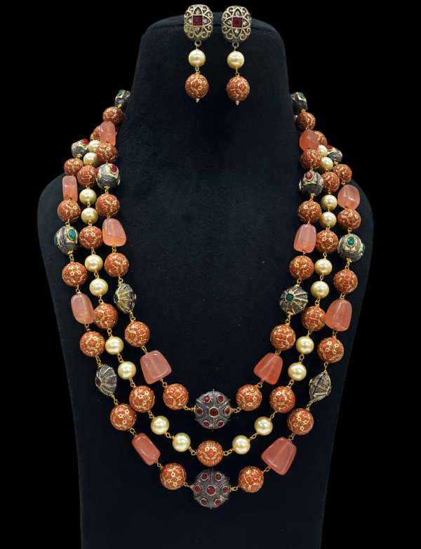 Premium Traditional Layered Necklace Set with Pearl Beads Antique Metal Accents Stylish Women - Image 3