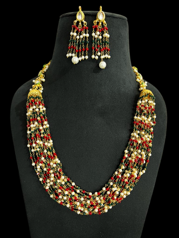 Multi Layered Multi Color Beaded Kundan Necklace With Matching Stud Earring For Women