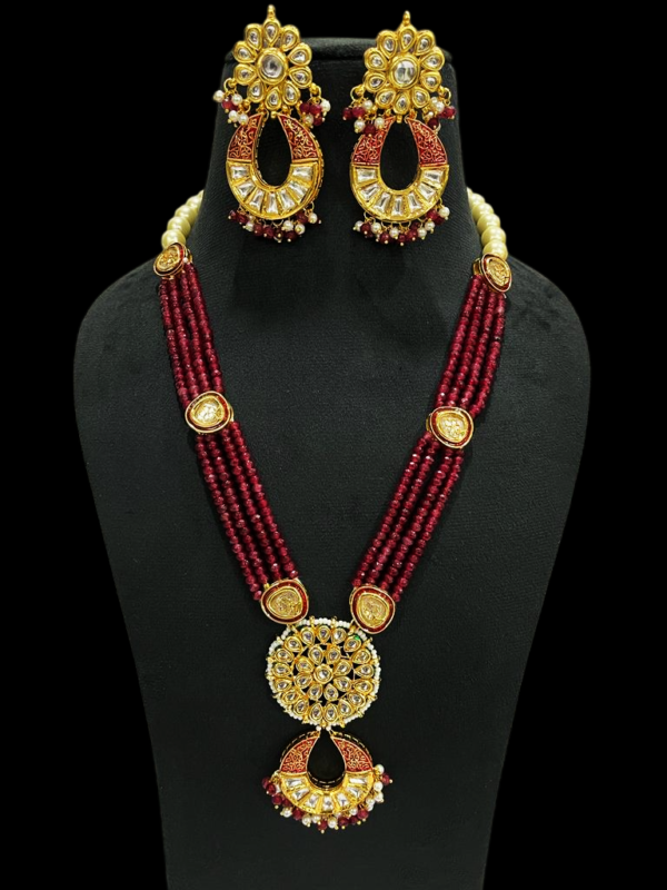 Elegant Multi Layered Beaded Kundan Pearl Enamel Moon Pendant Necklace Set