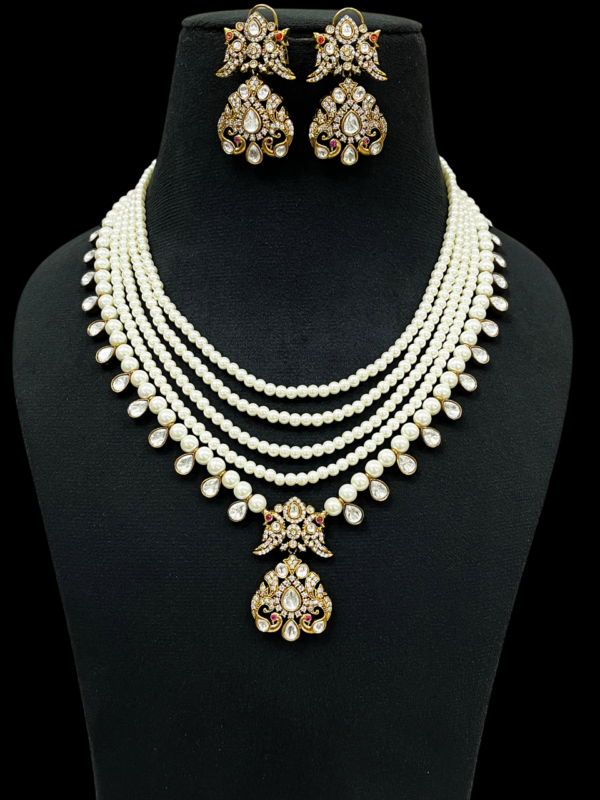 Premium Multi Layered Pearl American Dimond (CZ) Kundan Polki Choker Pendant Jewellery Set