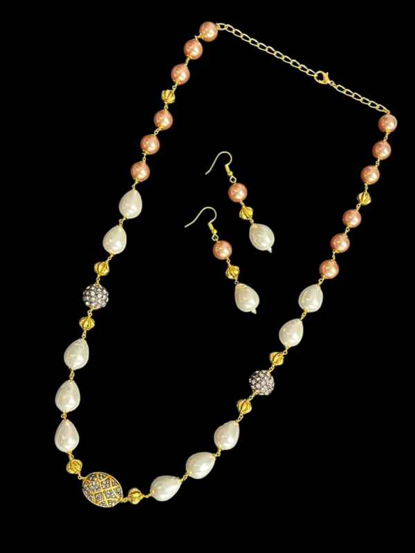Premium Multi Color Pearl Single Layer Fancy Party Necklace Set - Image 2