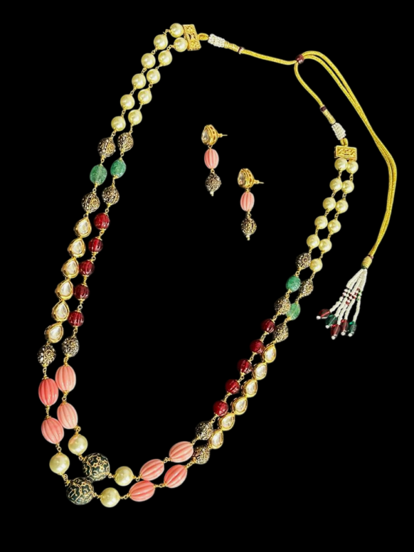 Elegant Double Layered Kundan Pearl Watermelon Designer Necklace Set For Stylish Women - Image 2