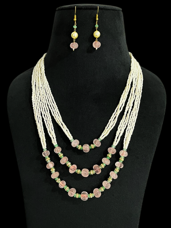 Pearl Beaded Multi Layered Watermelon Designer Necklace Set With Hooks Earring For Women