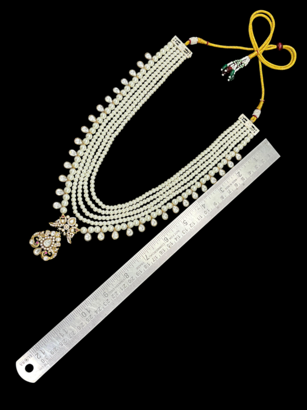 Premium Multi Layered Pearl American Dimond (CZ) Kundan Polki Choker Pendant Jewellery Set - Image 3