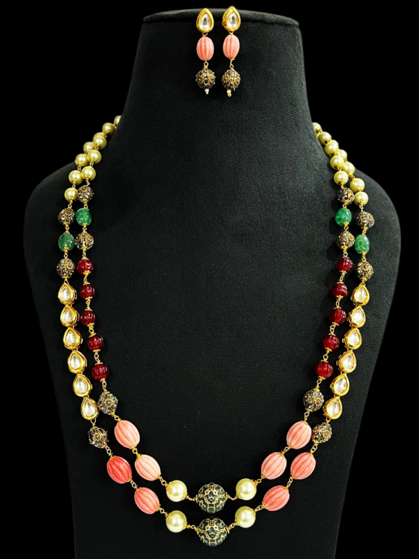 Elegant Double Layered Kundan Pearl Watermelon Designer Necklace Set For Stylish Women