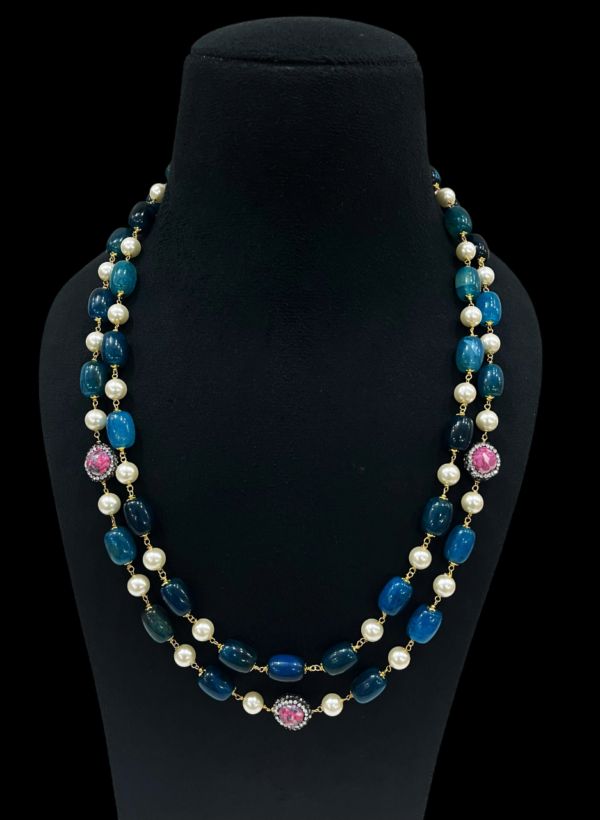 Elegant Double Strand Pearl and Blue Agate Necklace Fashion Statement Jewellery for Women