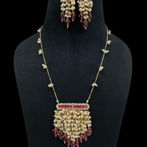 Premium dTraditional Gold-Plated Pearl Necklace Set with Ruby Accents Wedding Jewelry Collection for Stylish Women