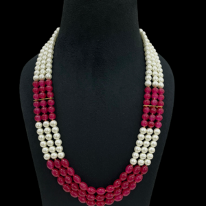 Premium Multi-Strand Pearl and Ruby Red Glass Beaded Statement Necklace For Stylish Women