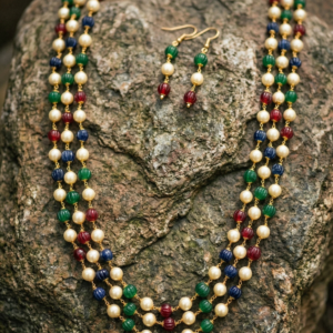 Premium gold plated multi color three layer necklace set