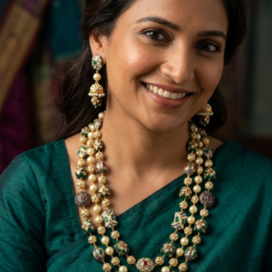 Premium Necklace For Women Multi Layered Metal Beads Pearl Handmade Statement Wedding Jewellery Set With Stud Earrings