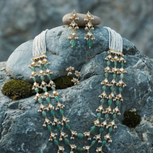 Elegant kundan beaded faux pearl necklace set with matching earrings