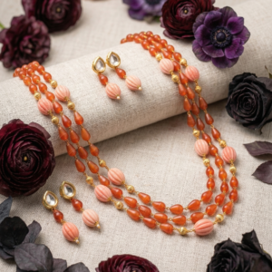 Elegant multi layered coral drop necklace set with matching earrings gift for stylish women