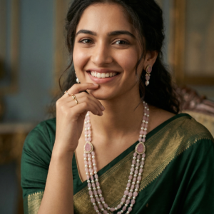 beautiful three-strand beaded gemstone and pearl long necklace