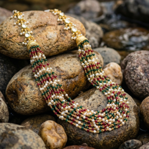 Multi layered multi color kundan beaded necklace with earrings