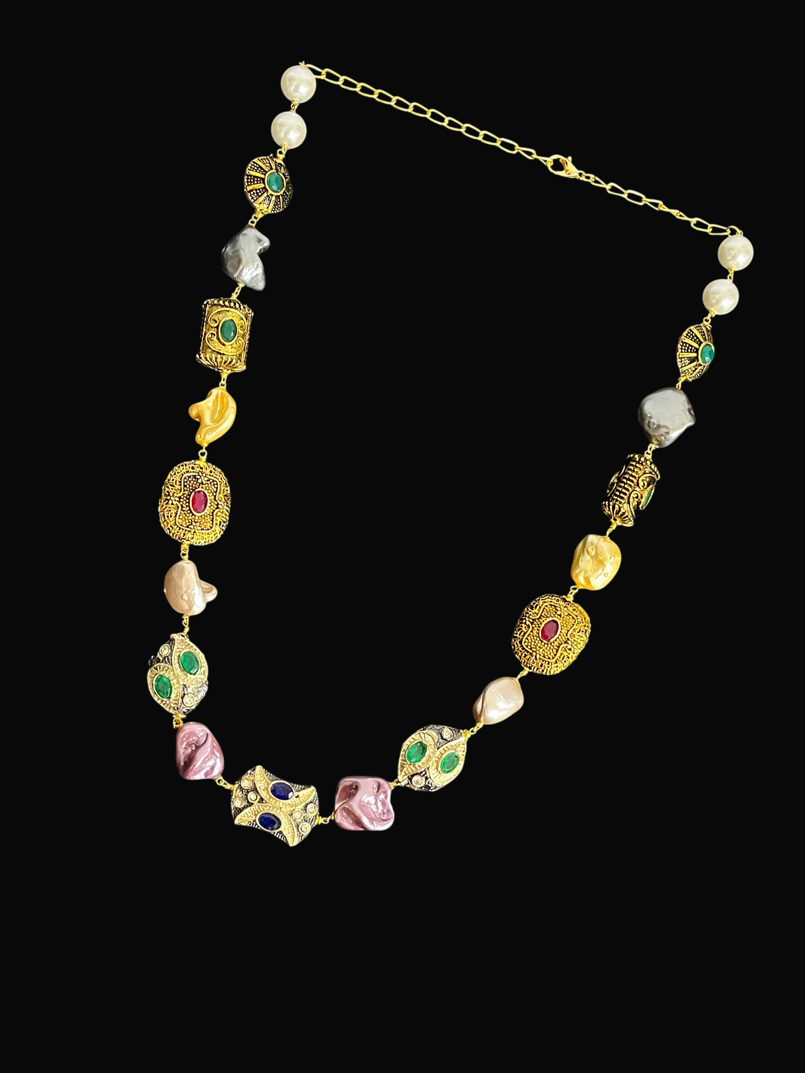 Necklace For Women Multicolor Single Layered Metal Beads Pearl Two-Tone Jewellery - Image 2