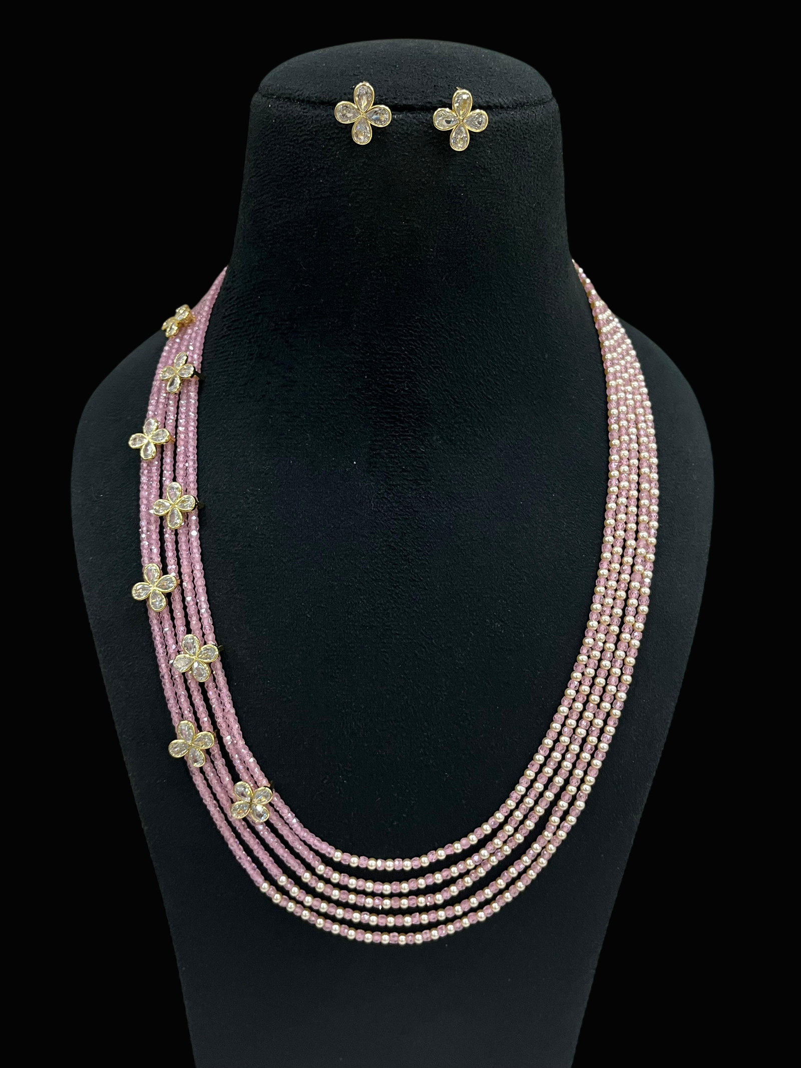 Multi-Strand Swaroski Pearl Beaded Necklace set with earrings Floral CZ Accents