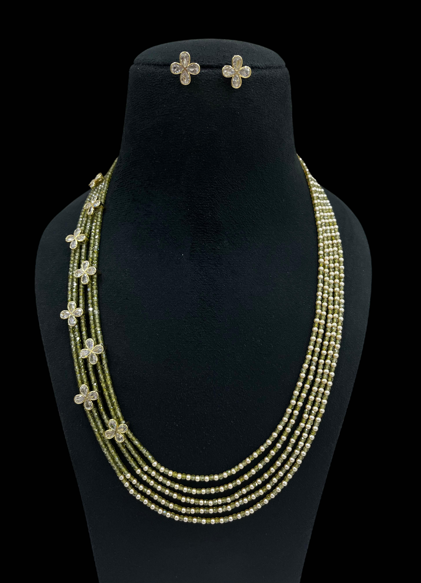 Multi-Strand Swaroski Pearl Beaded Necklace set with earrings Floral CZ Accents - Image 2