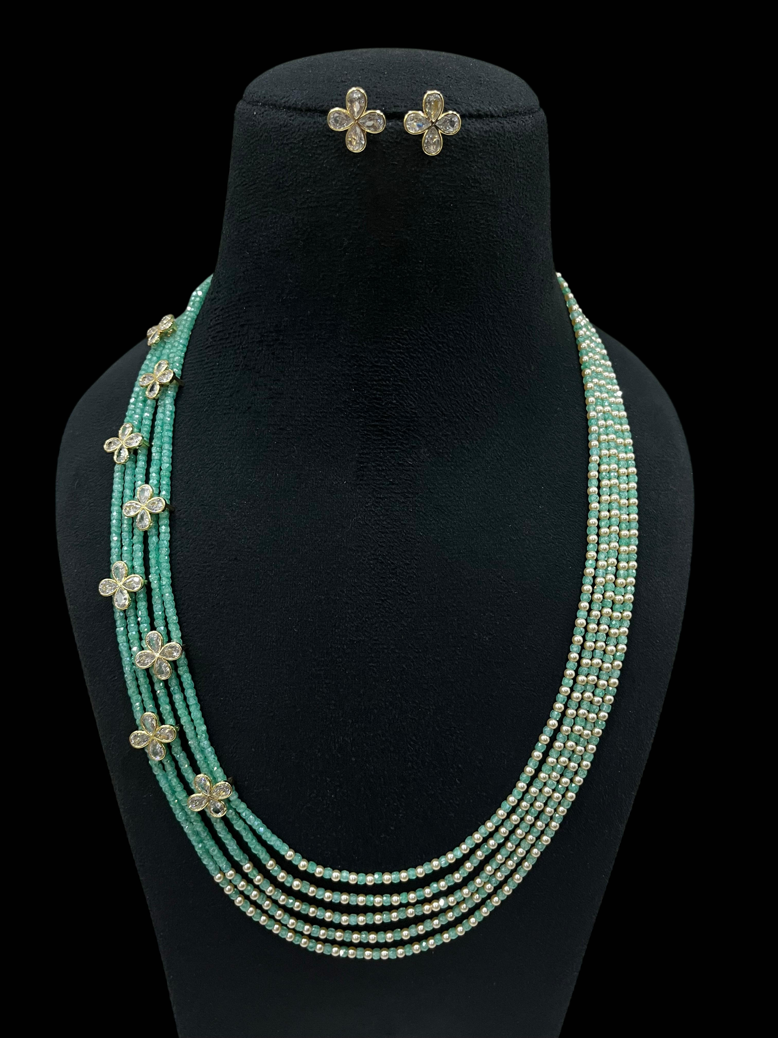 Multi-Strand Swaroski Pearl Beaded Necklace set with earrings Floral CZ Accents - Image 4