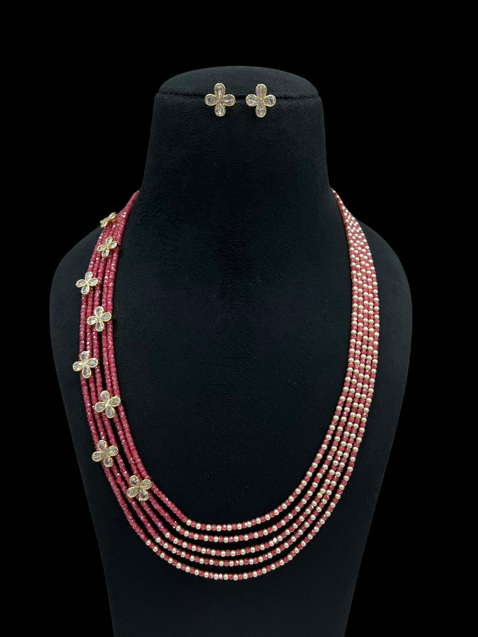Multi-Strand Swaroski Pearl Beaded Necklace set with earrings Floral CZ Accents - Image 3