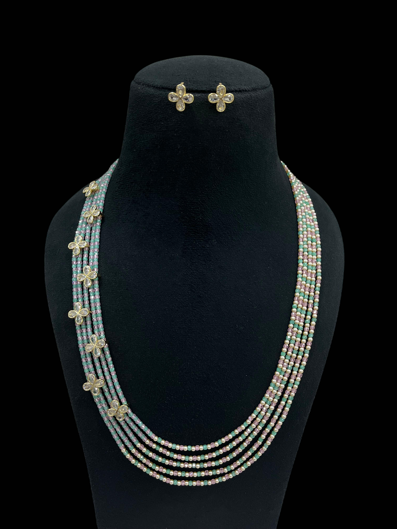 Multi-Strand Swaroski Pearl Beaded Necklace set with earrings Floral CZ Accents - Image 7