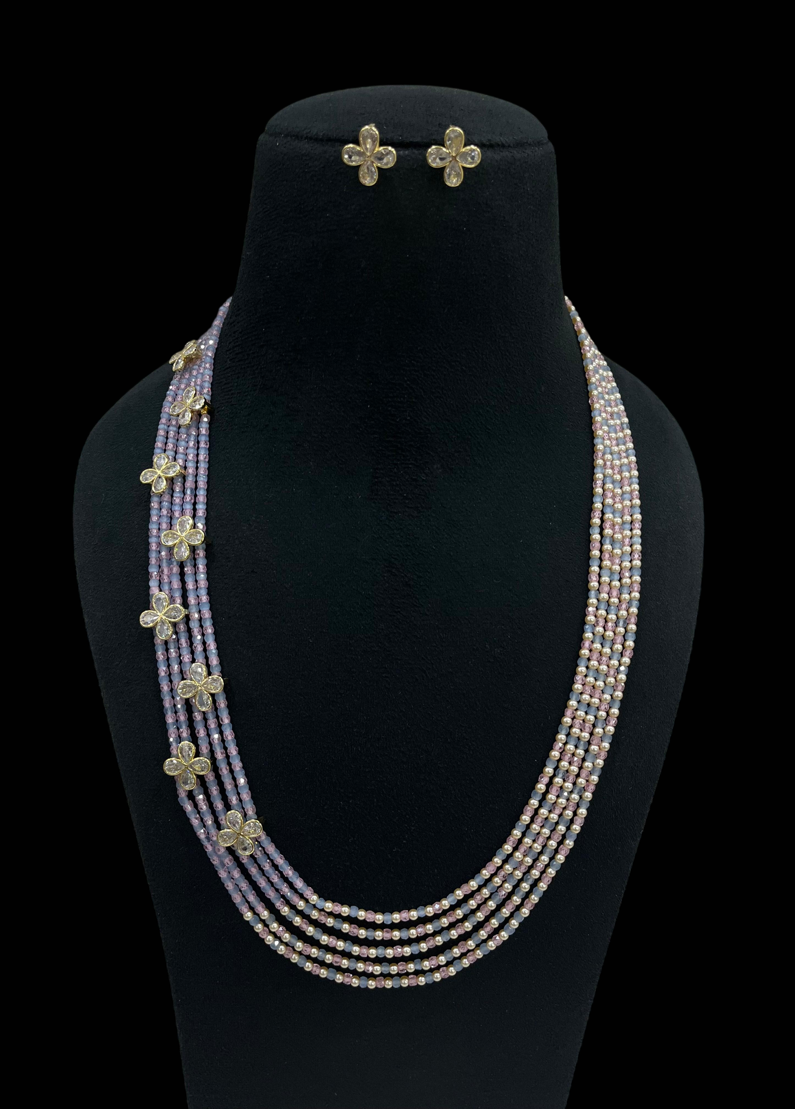 Multi-Strand Swaroski Pearl Beaded Necklace set with earrings Floral CZ Accents - Image 6