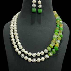 Premium Pearl Necklace Set With Hooks Earring Double Layered Pearl Glass Tumble Necklace